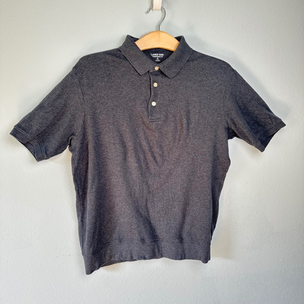 Lands End Mens Normcore Charcoal Grey Banded Bottom Polo Shirt Size M